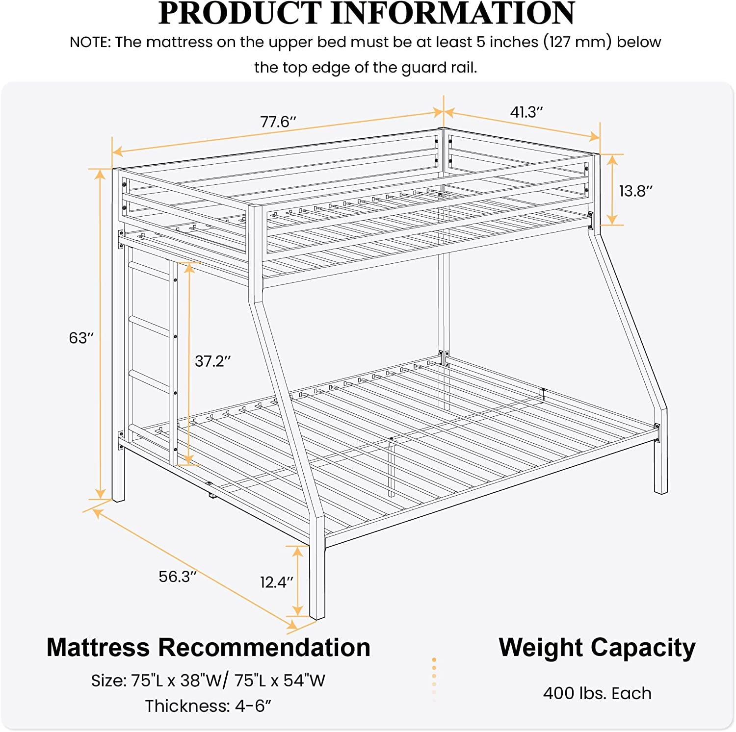 Twin Over Twin Bunk Bed With Slide Durable Square Tube