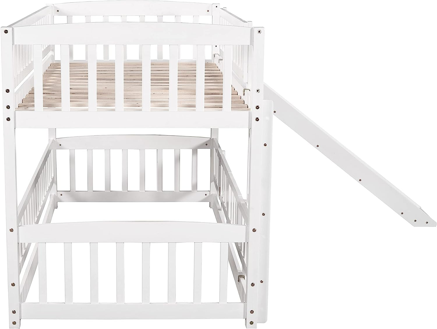 Twin Low Bunk Bed With Openable Fence And Slide White