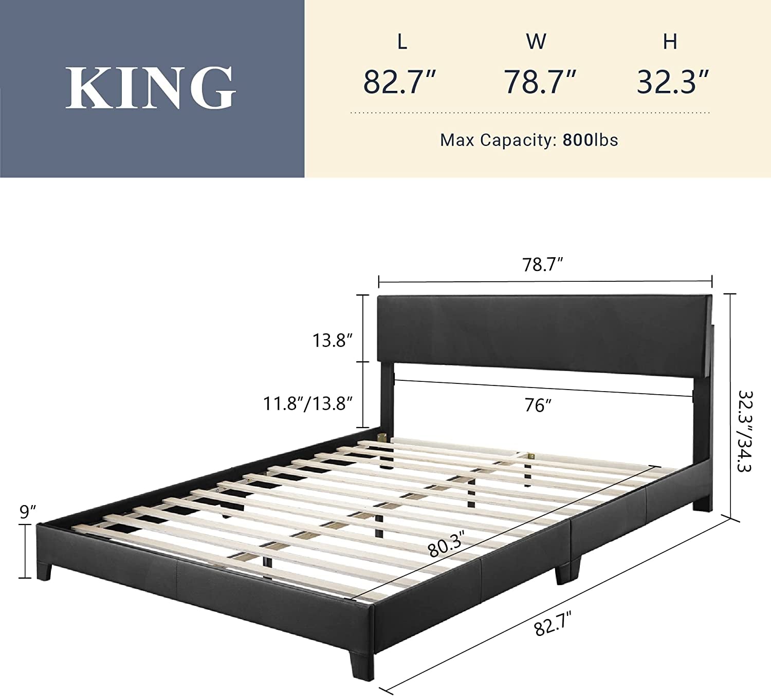 King Size Upholstered Platform Bed Frame With Adjustable Headboard