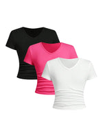 SOLY HUX Girls 3 Piece Summer Ruched Short Sleeve V Neck Tee T Shirts Basic Fitted Tops Cute Clothes Hot Pink White Black 12Y
