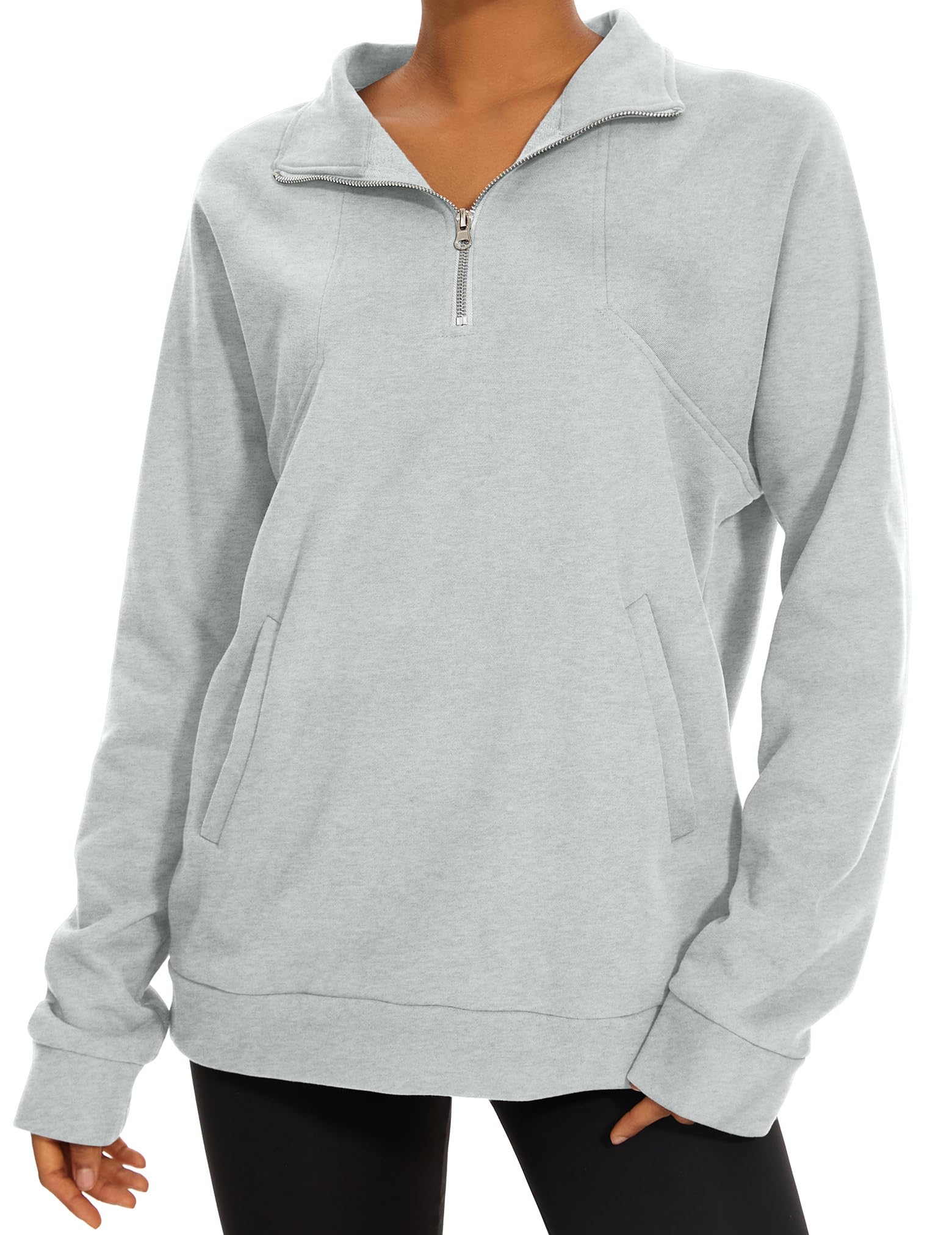 Womens Half Zip Sweatshirts Casual Long Sleeve Fleece Oversized Quarter Zip Pullover Tops With Pockets Lightgrey