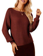 Fall Sweaters for Women 2024 Boat Neck Striped Crochet Sweater Dolman Long Sleeve Knitted Tops Winter Clothes Brown 2XL