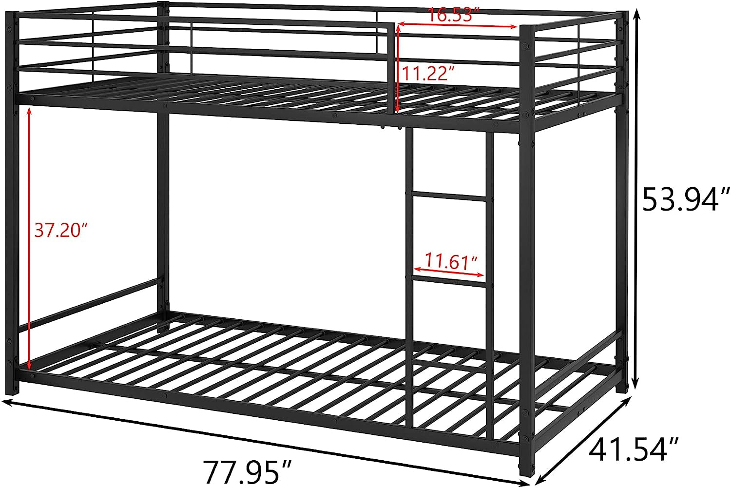 Twin Metal Low Bunk Bed With Guard Rails And Ladder
