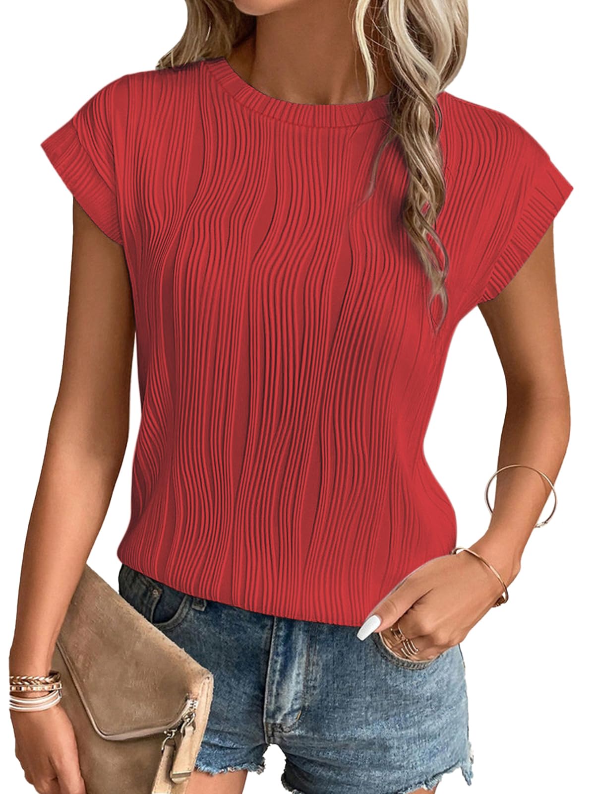 ATHMILE Tank Tops for Women 2025 Short Sleeve Tops Summer Outfits High Neck Blouses Red