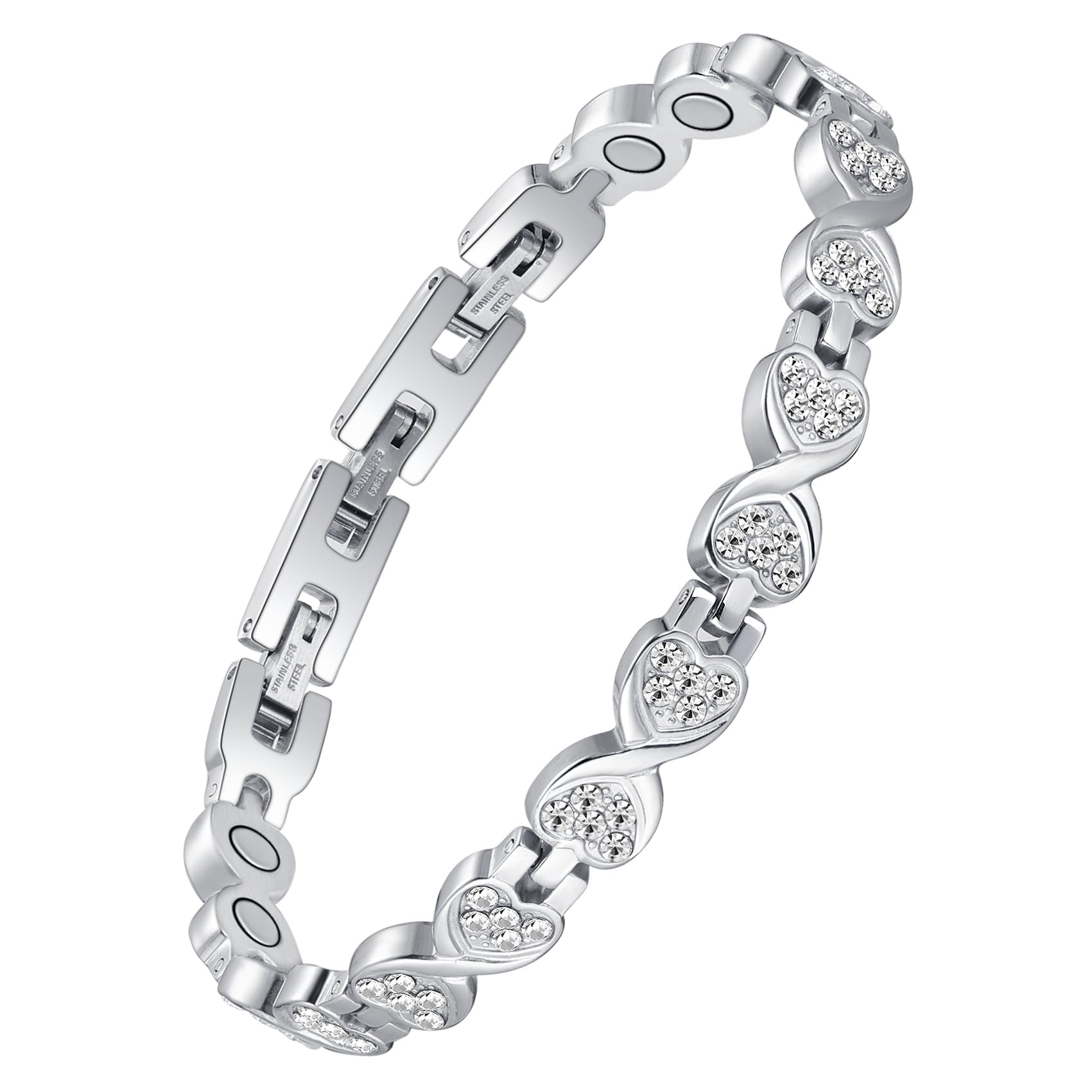Jecanori Magnetic Bracelets for Women Ultra Strength 3800 Gauss Stainless Steel Magnet Bracelet Heart Crystal Bracelet with Sizing Tool