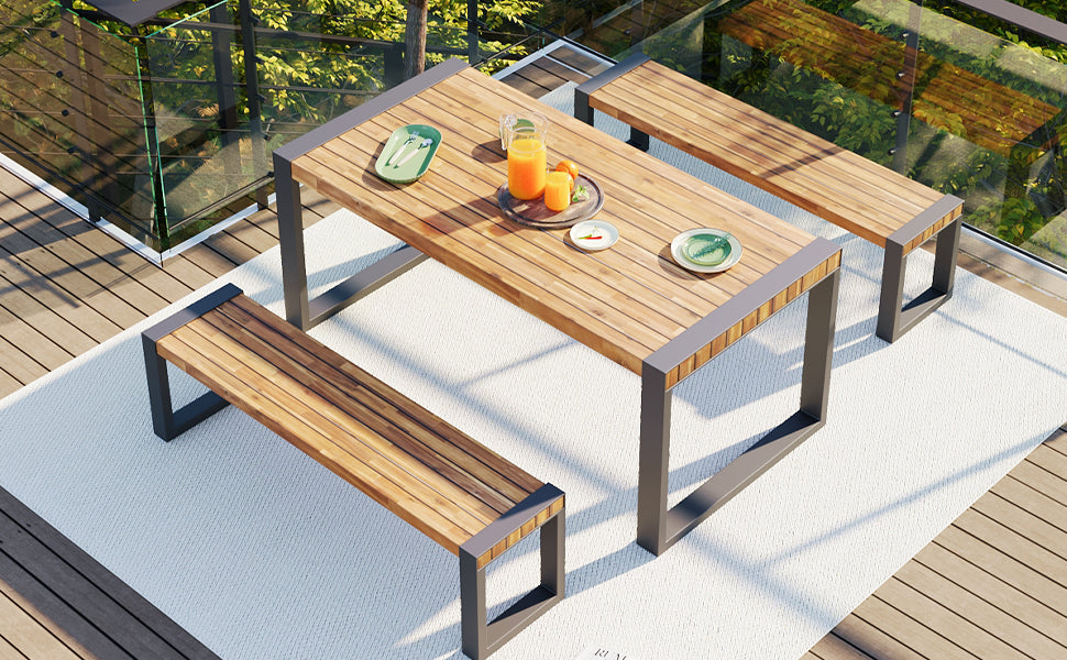 3-pieces Outdoor Dining Table With 2 Benches, Patio Dining Set With
