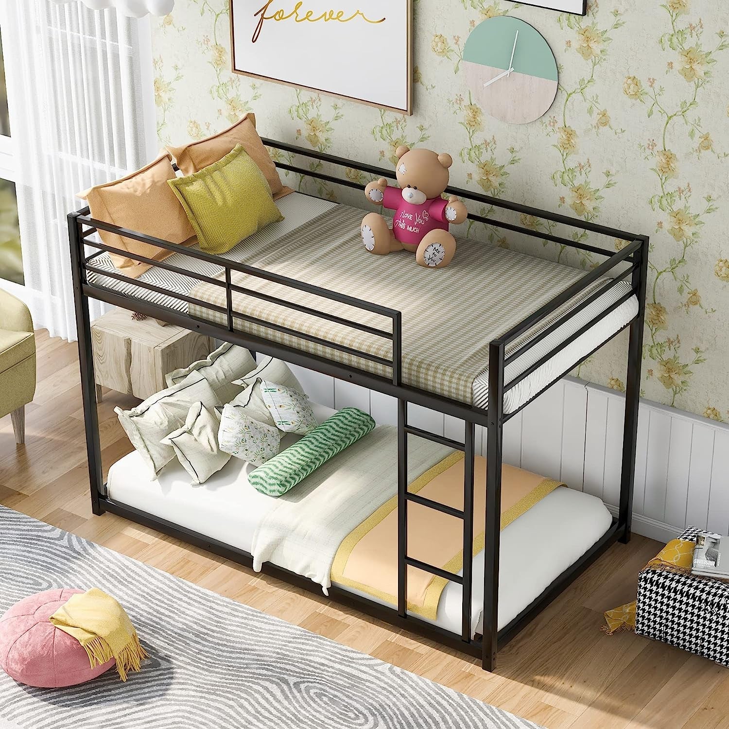 Black Twin Metal Bunk Bed With Guard Rails And Ladder
