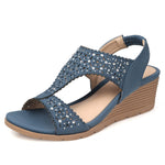 SHIBEVER Womens Sandals Wedge Low: Elastic Ankle Strap Wedge Sandals - Dressy Sandals Women - Comfortable Blue Size 8