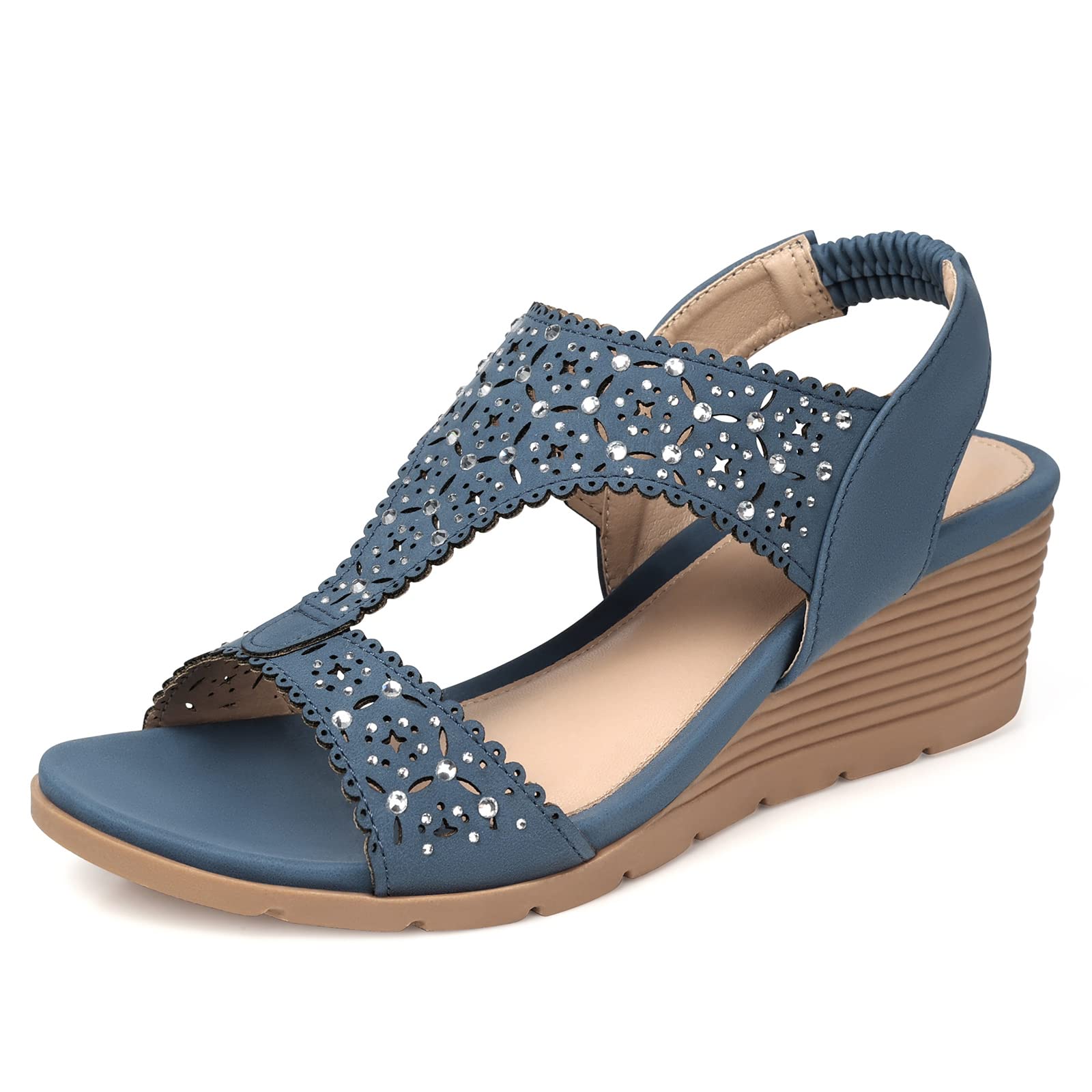 SHIBEVER Womens Sandals Wedge Low: Elastic Ankle Strap Wedge Sandals - Dressy Sandals Women - Comfortable Blue Size 8