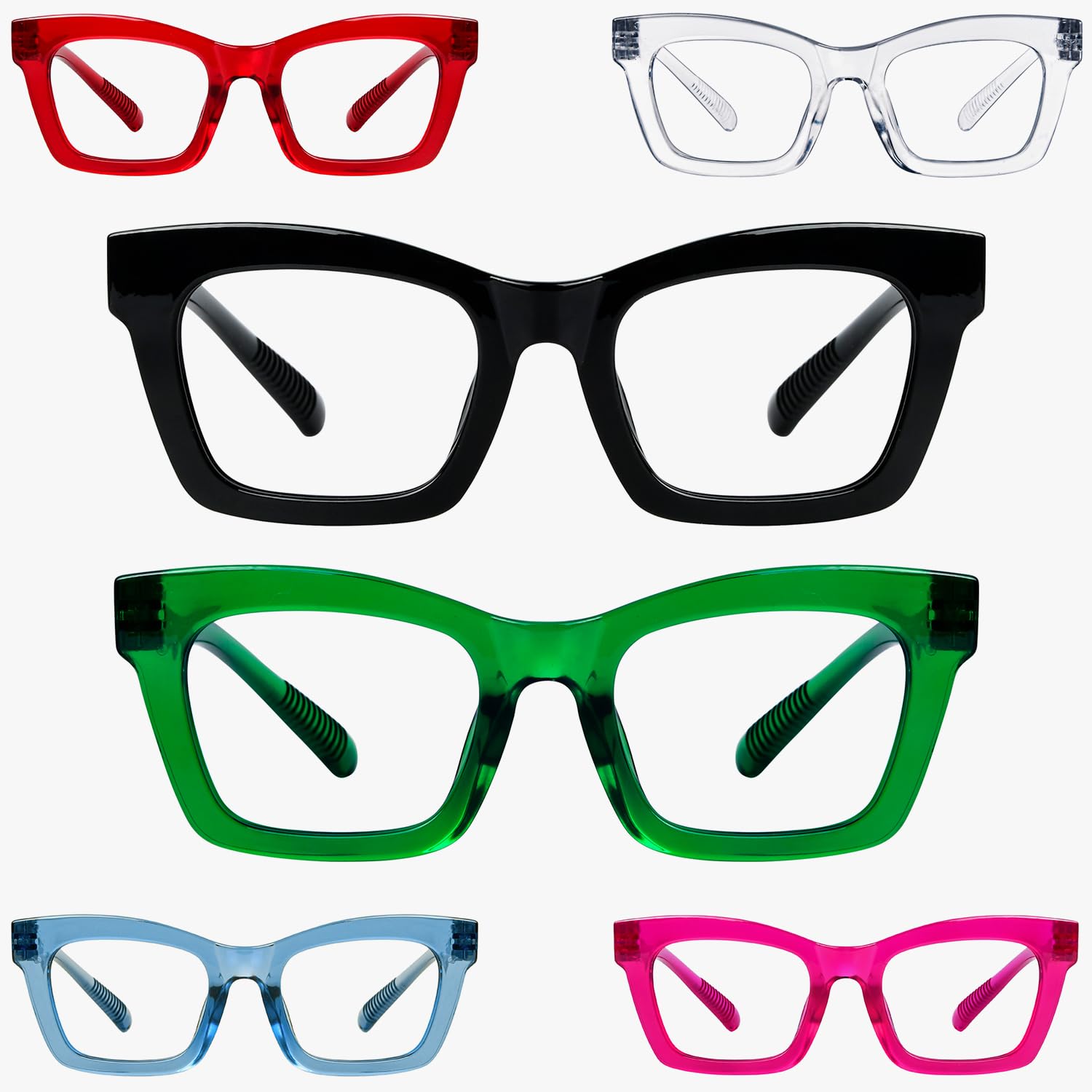 BLUELESS Cat-Eye Reading Glasses Women Metalless Screwless Spring Hinges 6 Pack Readers +0.50