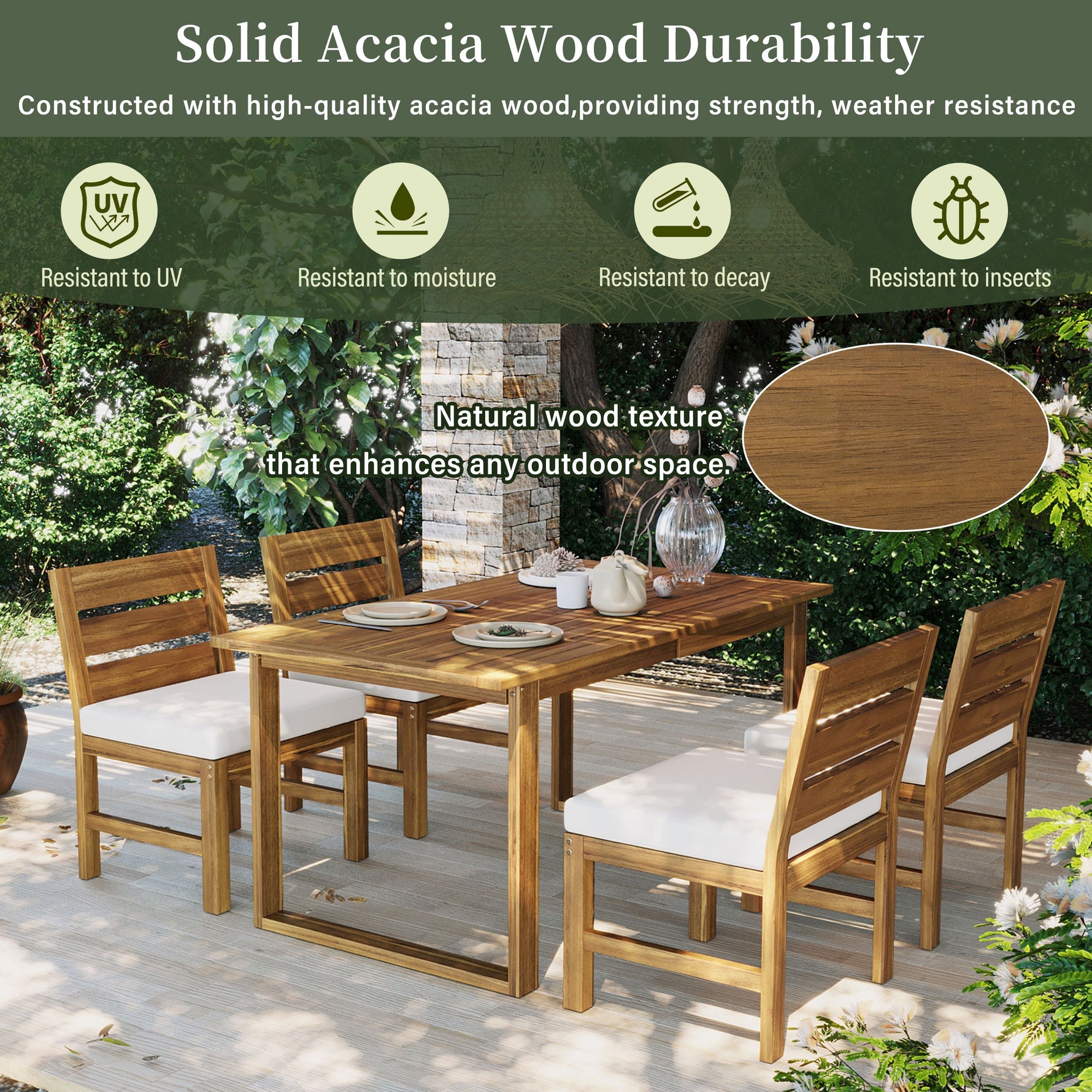 Farmhouse 5-Piece Outdoor Patio Dining Set with Adjustable Legs,Acacia