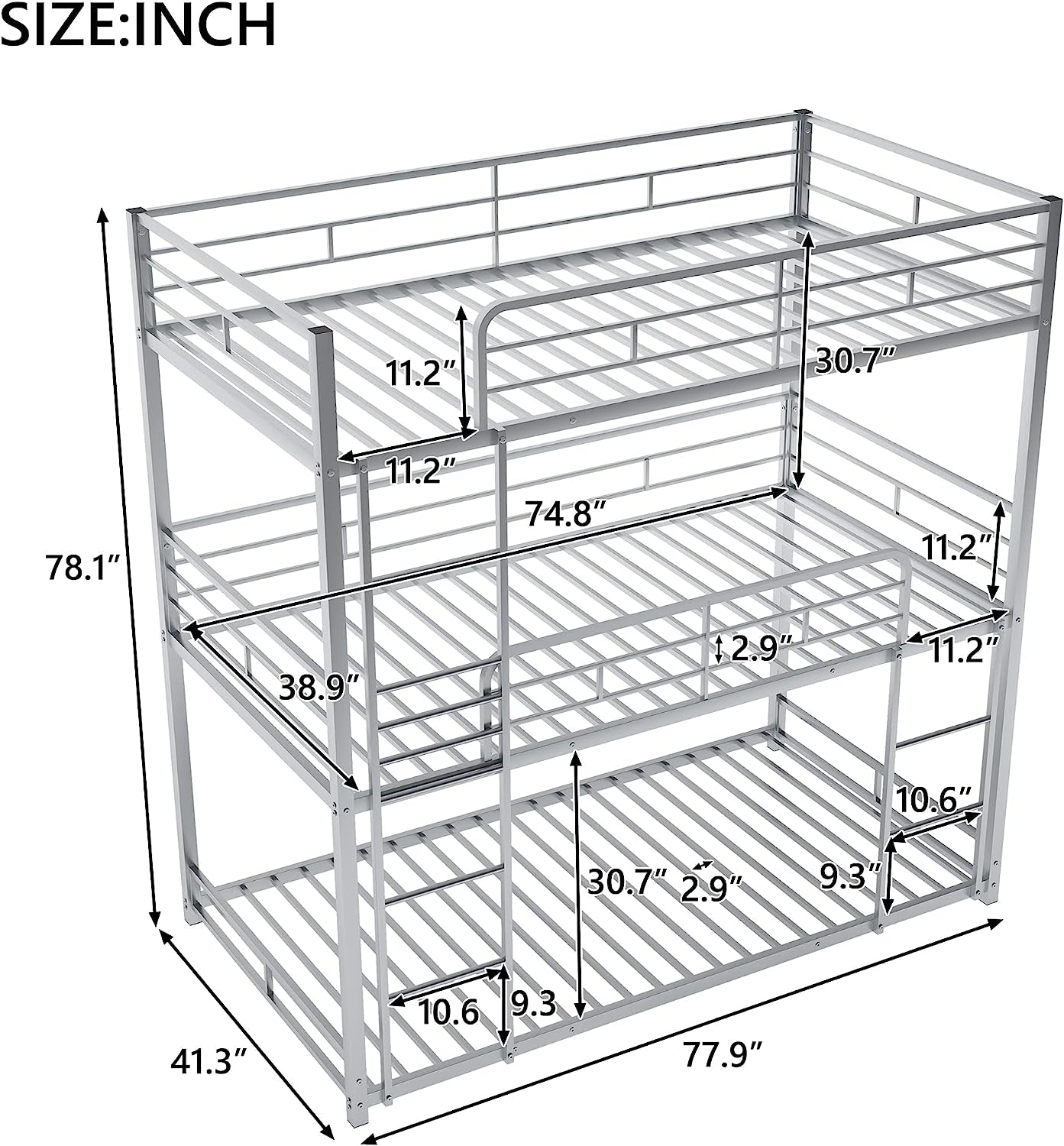 Black Triple Metal Bunk Bed Twin XL Full Queen Sizes