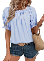 EVALESS Short Sleeve Shirts for Women Dressy Tops Smocked Off The Shoulder Chiffon Blouses Spring Summer Clothes Fashion 2025 Business Casual Outfits Work Blue Shirts Ladies Tops and Blouses X-Large