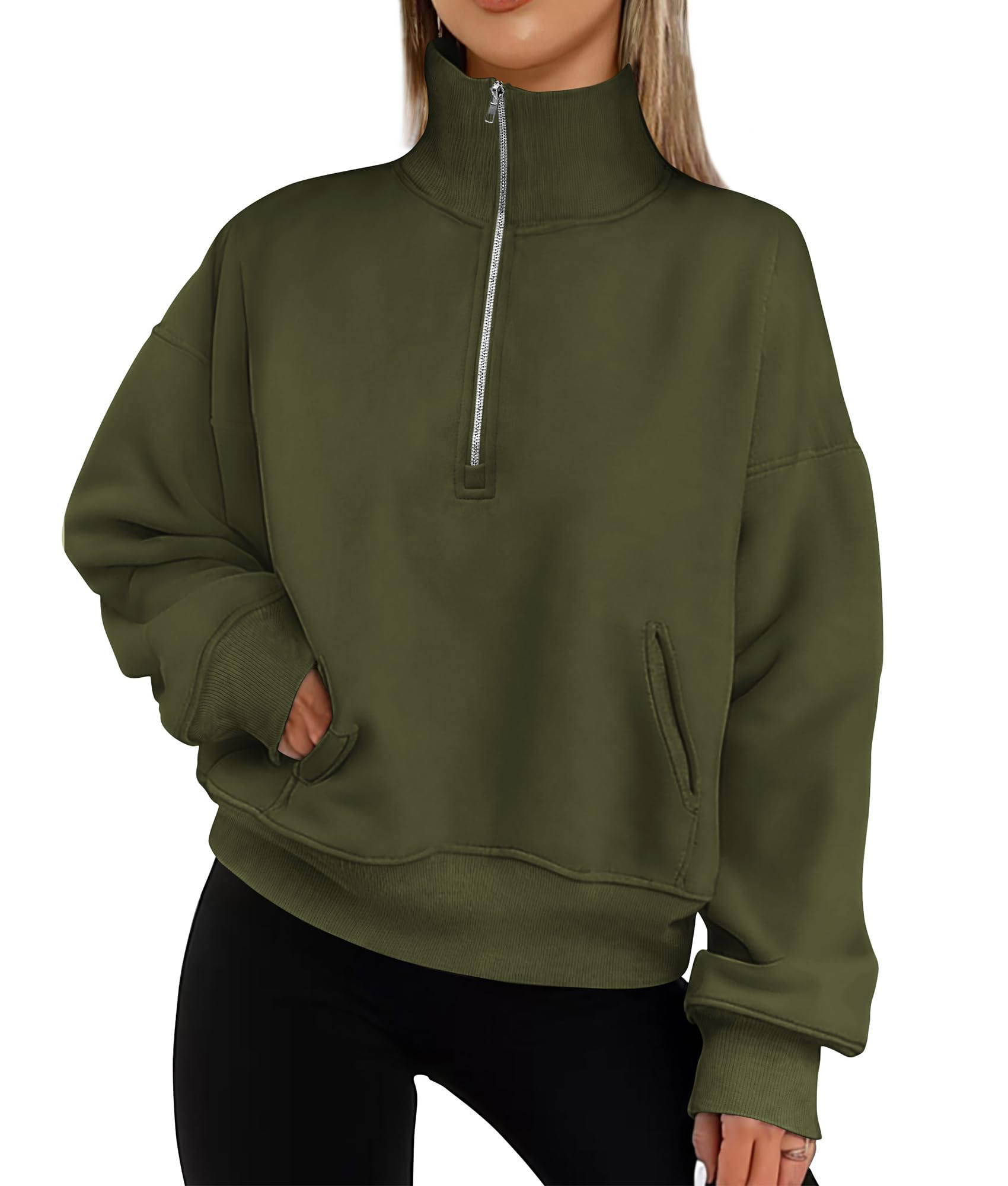 PRETTYGARDEN Womens Fall Fashion Half Zip Sweatshirts Long Sleeve Collared Cropped Pullover Tops Trendy Y2K Clothes (Army GreenMedium)