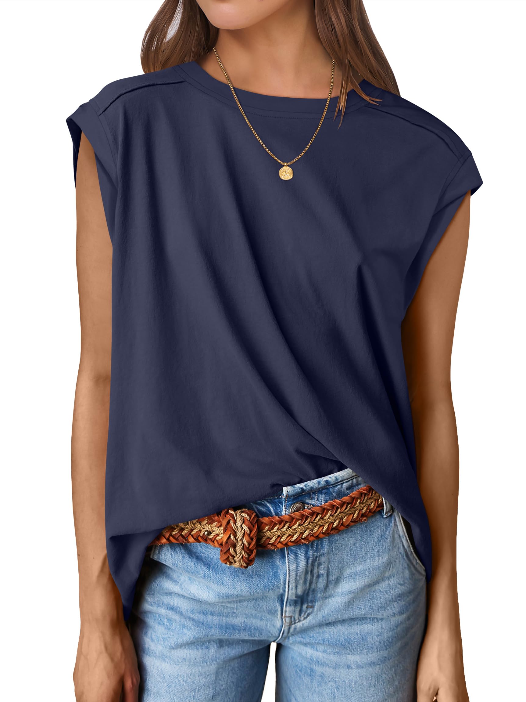 ANRABESS Women Fashion Tees 2025 Summer Trendy Cap Short Sleeve Shirts Casual Loose Fit Tops Y2K Outfits Clothes Navy Blue L
