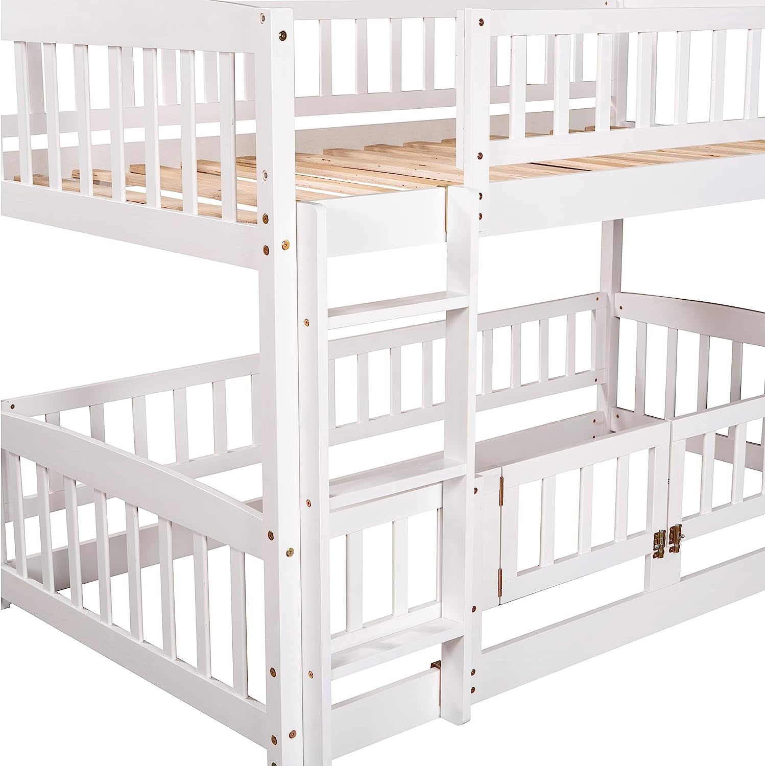 Twin Low Bunk Bed With Openable Fence And Slide White