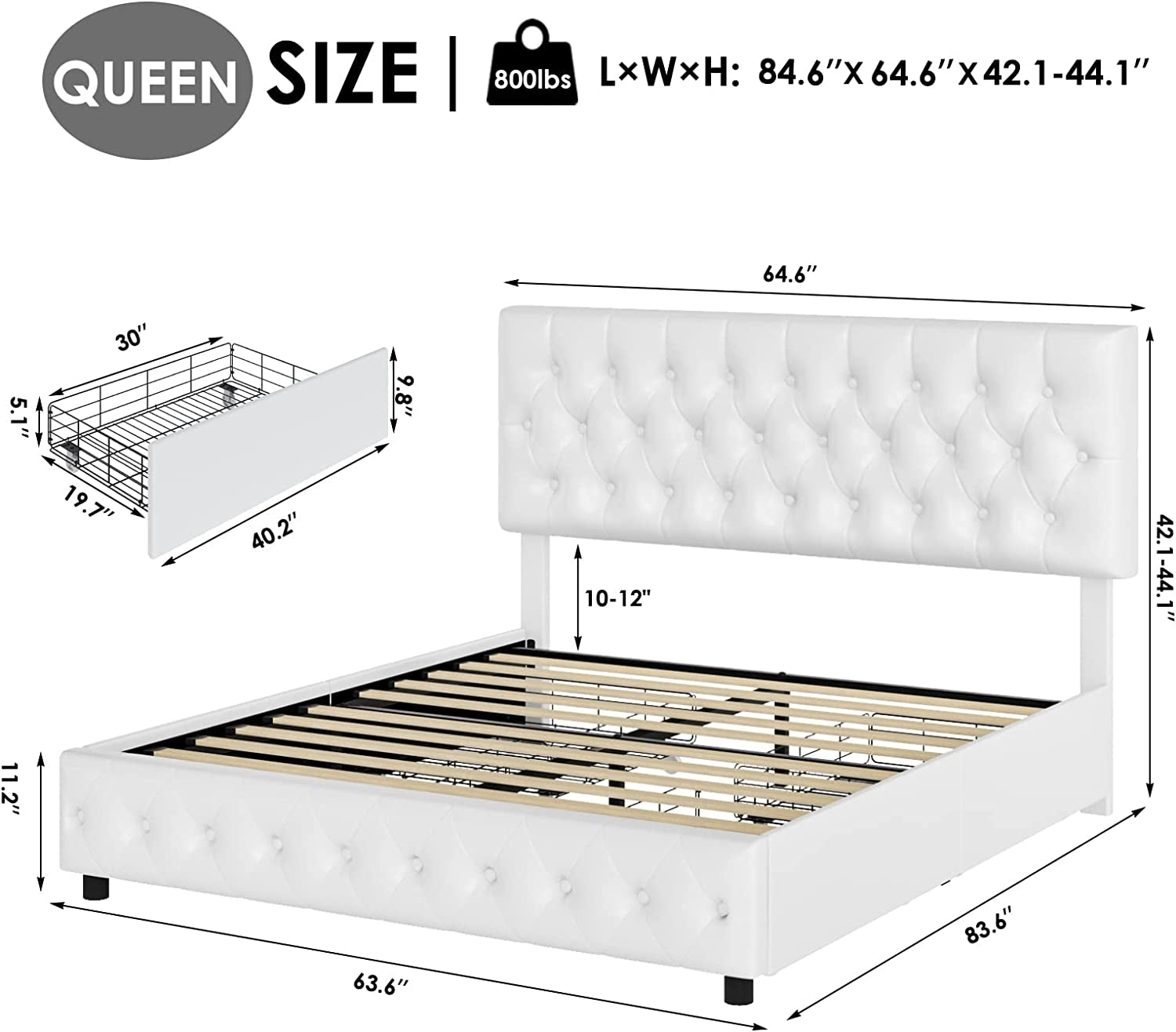 Queen Upholstered Bed Frame With Under Bed Drawers