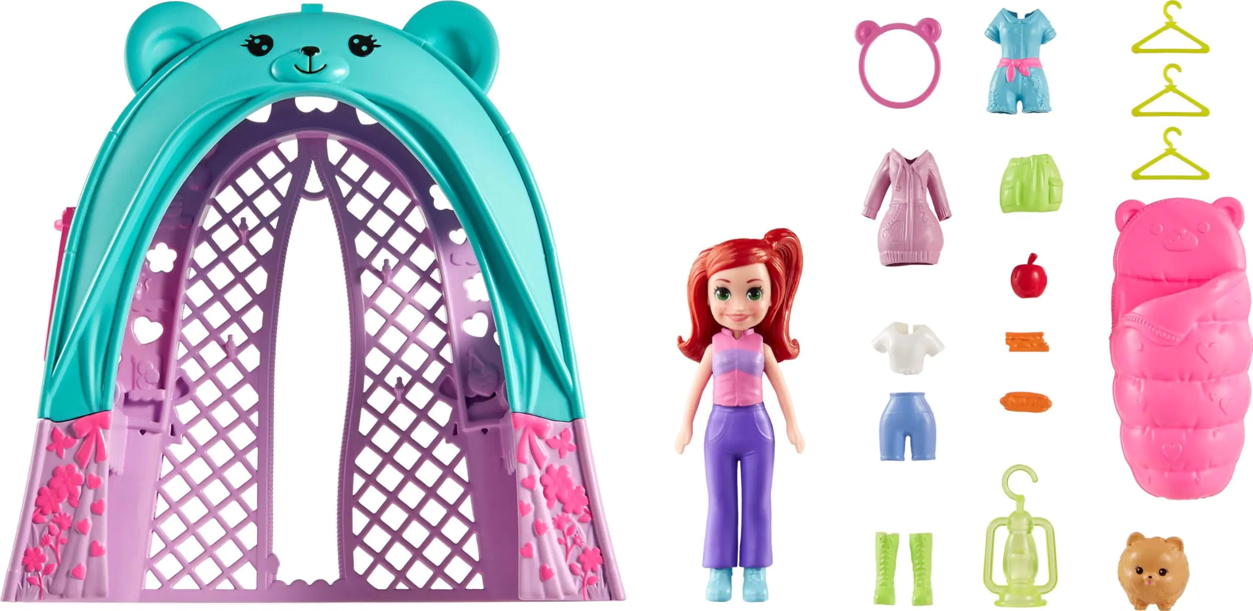 Polly Pocket Doll & Pet Playset Travel Toy with Camping & Food Accessories Glamping Tent
