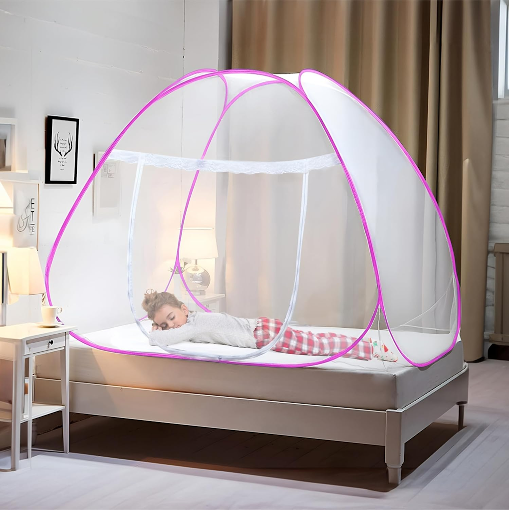 KUNKUN Foldable Mosquito Net for Double Bed Size 6.5x4 Feet Color Pink
