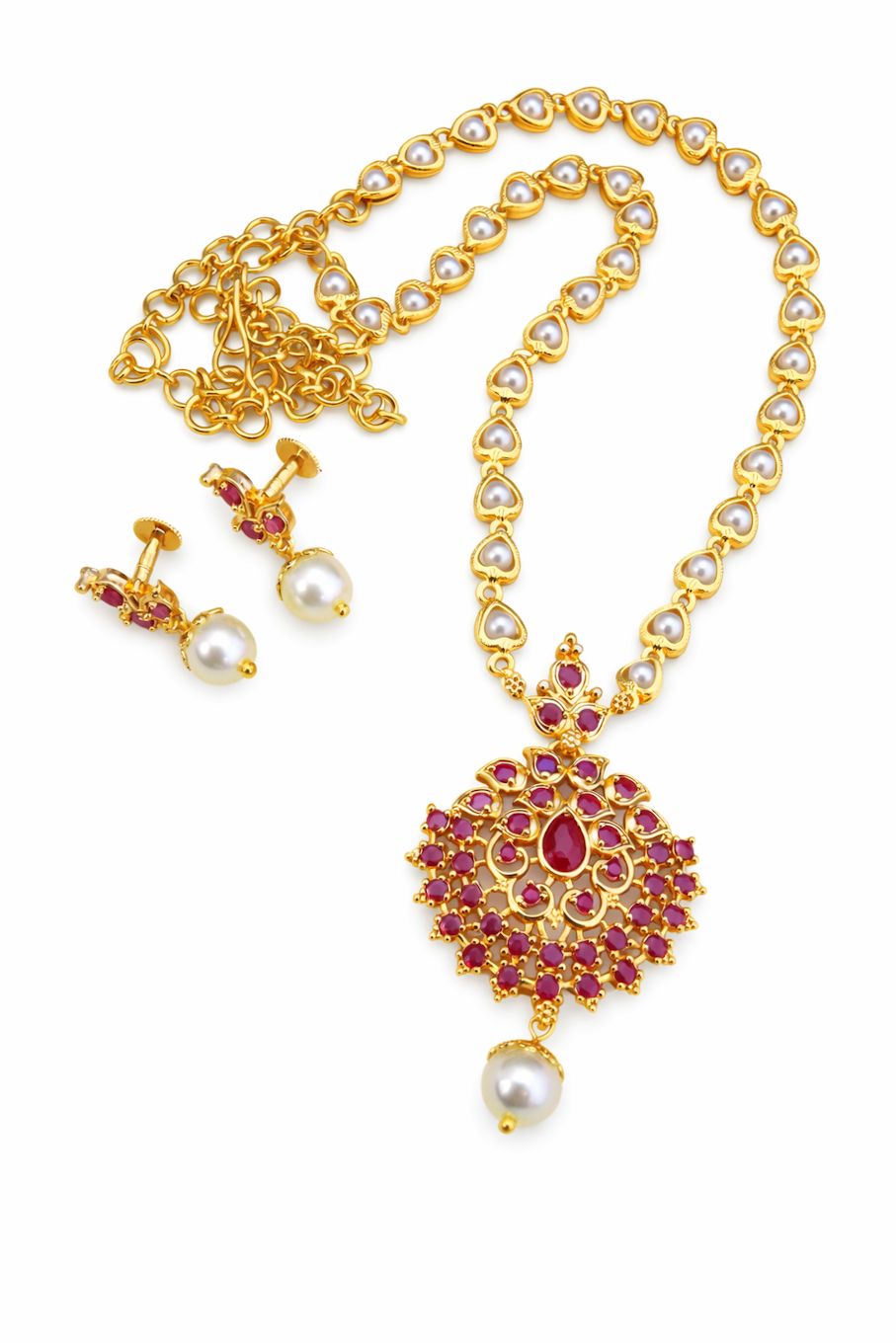 Gold Pearl & Ruby Pendant Jewelry Set