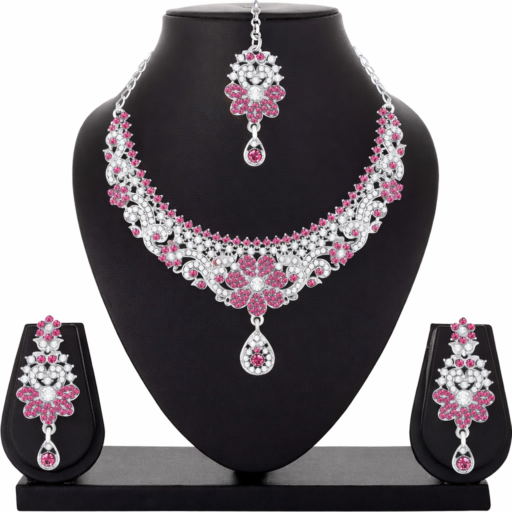 Pink Crystal Floral Necklace Set with Earrings
