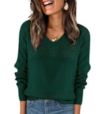 Bluetime Oversized Sweaters for Women Long Sleeve Crochet Top Cute Knit Sweaters Teacher Outfits Business Casual Clothes Fashion 2024 Winter Clothing V Neck Lightweight Sweater(GreenMedium)