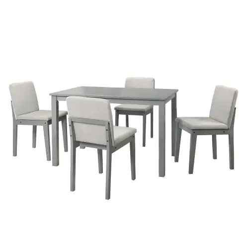 Grey Finish 5pc Dining Room Set Dining Table 4x Chairs Beige Fabric Chair Seat Kitchen Breakfast Dining Room Furniture Rubberwood Veneer Unique Design