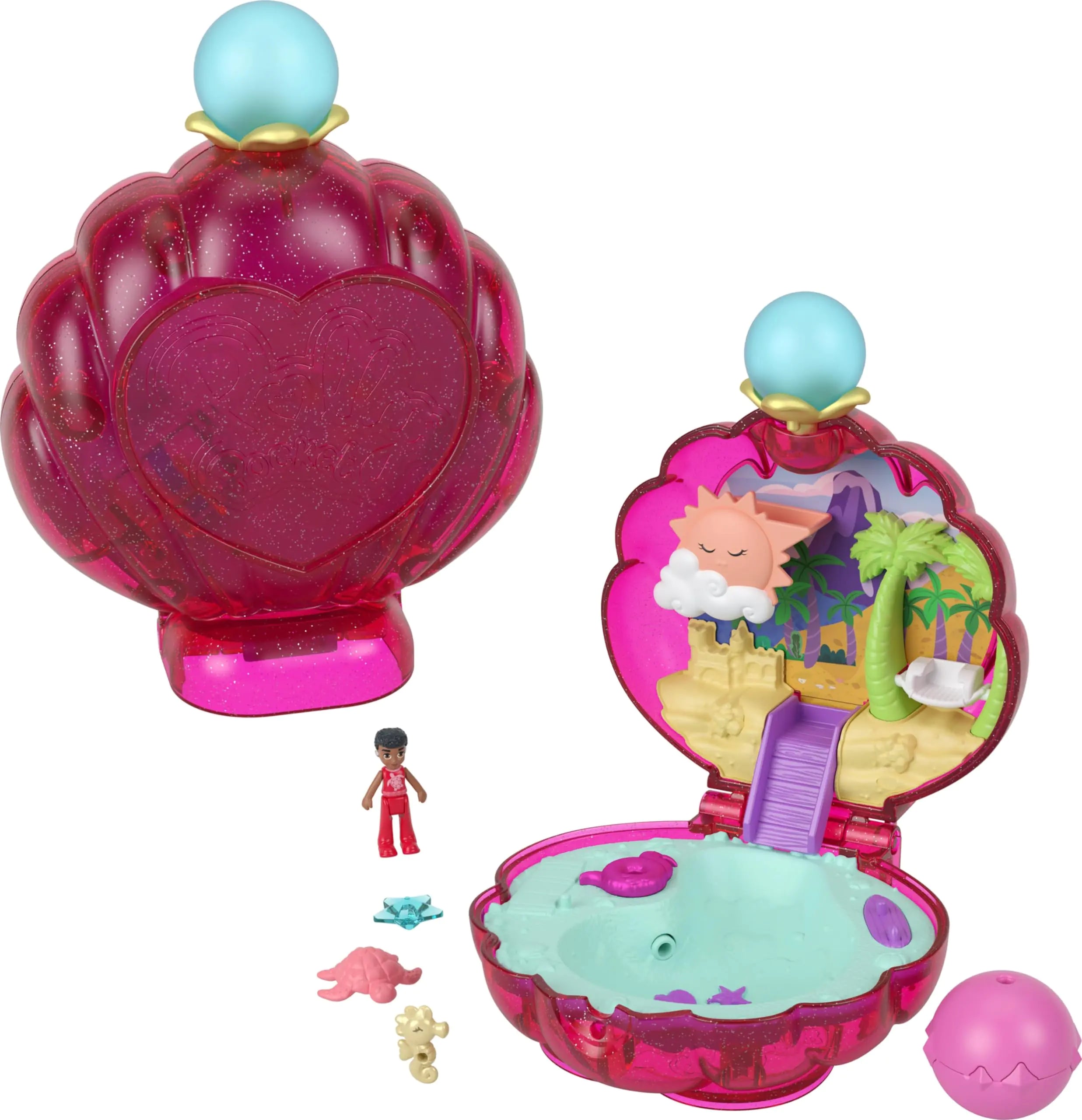 Polly Pocket Sparkle Cove Adventure Compact Playset Beach Theme with Micro Doll Animal Friend Accessories & Dissolvable Pearl Surprise