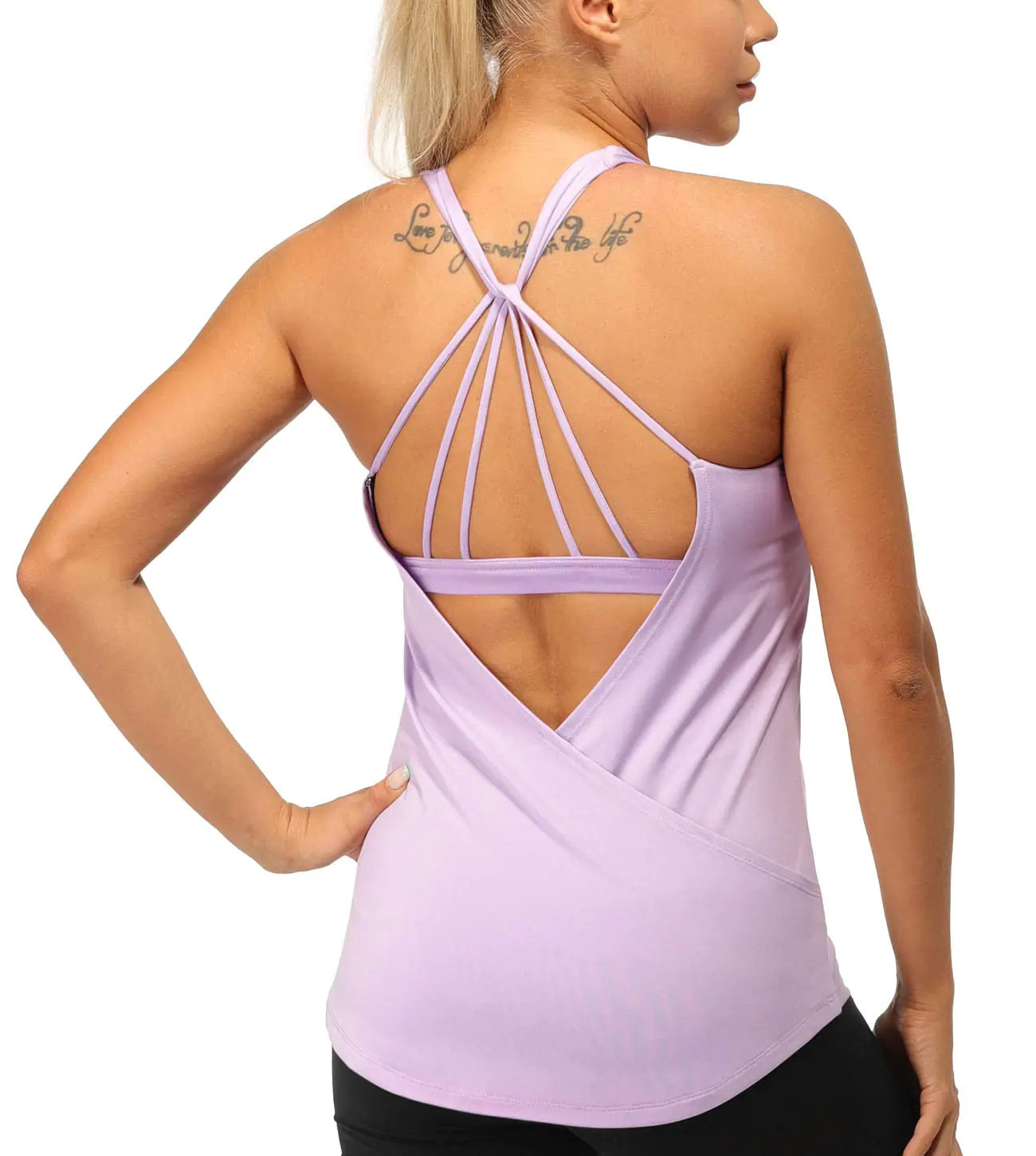 icyzone Built in Bra Workout Tank Tops for Women - Open Back Strappy Athletic Yoga Tops Exercise Running Gym Shirts (Lilac Small)