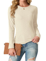 IWOLLENCE Womens Ribbed Long Sleeve Crewneck Casual Slim Basic Shirts Fitted Knit Tops Beige