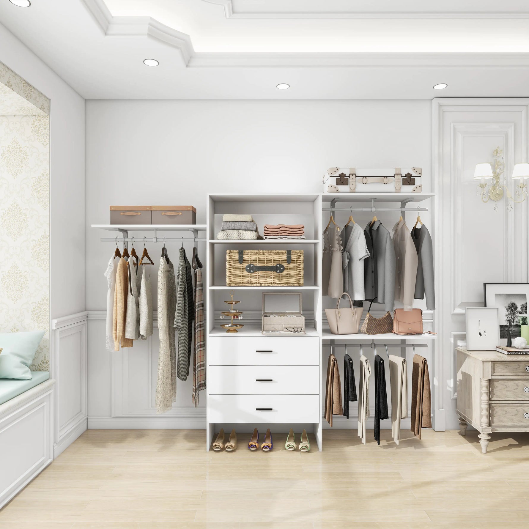 306 Closet Organizer System with Closet Shelves Wall Mounted, White Clothing Racks for Hanging Clothes, Clothes Organizer with Closet Drawers, Wooden Wardrobe Closet System with Hanging Rod
