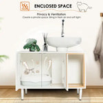 Bathroom Sink Cabinet With Cat Litter Box Enclosure, Hidden Litter Pet Washroom With Divider, Indoor Cat House For Large Cats, Wooden Cabinet Furniture, White