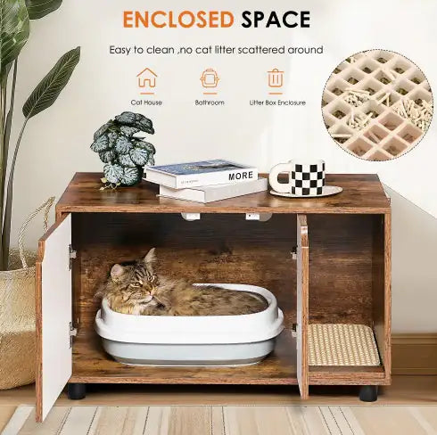 Cat Litter Box Enclosure, Hidden Cat Washroom, Kitty End Table, Furniture Style With Double Doors,White  Vintage