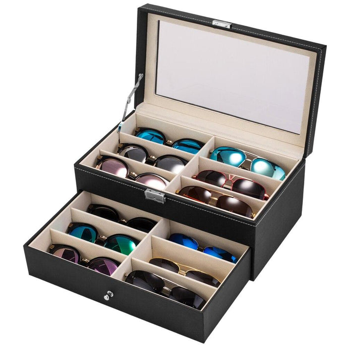 Leather 12 Piece Sun Eye Glasses Storage Box Display Drawer Case