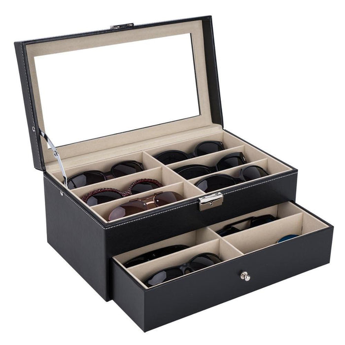 Leather 12 Piece Sun Eye Glasses Storage Box Display Drawer Case