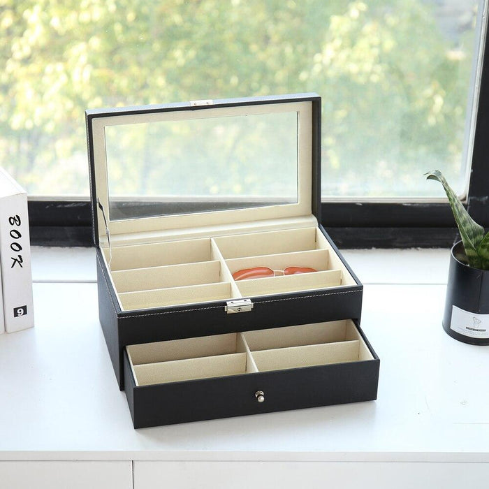 Leather 12 Piece Sun Eye Glasses Storage Box Display Drawer Case