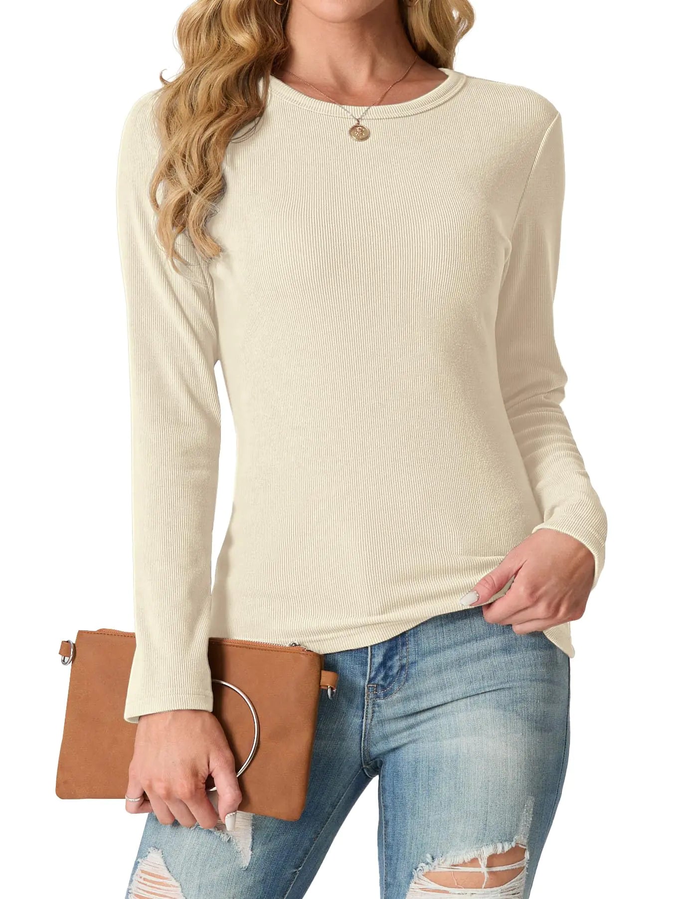 IWOLLENCE Womens Ribbed Long Sleeve Crewneck Casual Slim Basic Shirts Fitted Knit Tops Beige