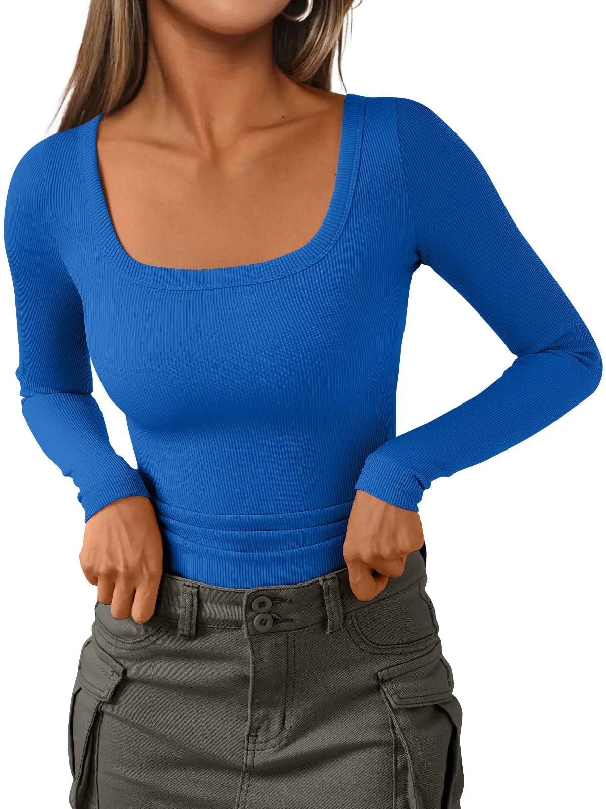 AUTOMET Womens Long Sleeve Shirts Square Neck Tops Ribbed Knit Fitted Casual Basic Tees Slim Fit Fall Outfits Fashion Clothes RoyalBlue M