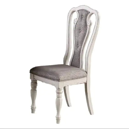 Antique White Set Of 2 Dining Chairs Grey Upholstered Tufted Unique Design Chairs Back Cushion Seat Dining Room