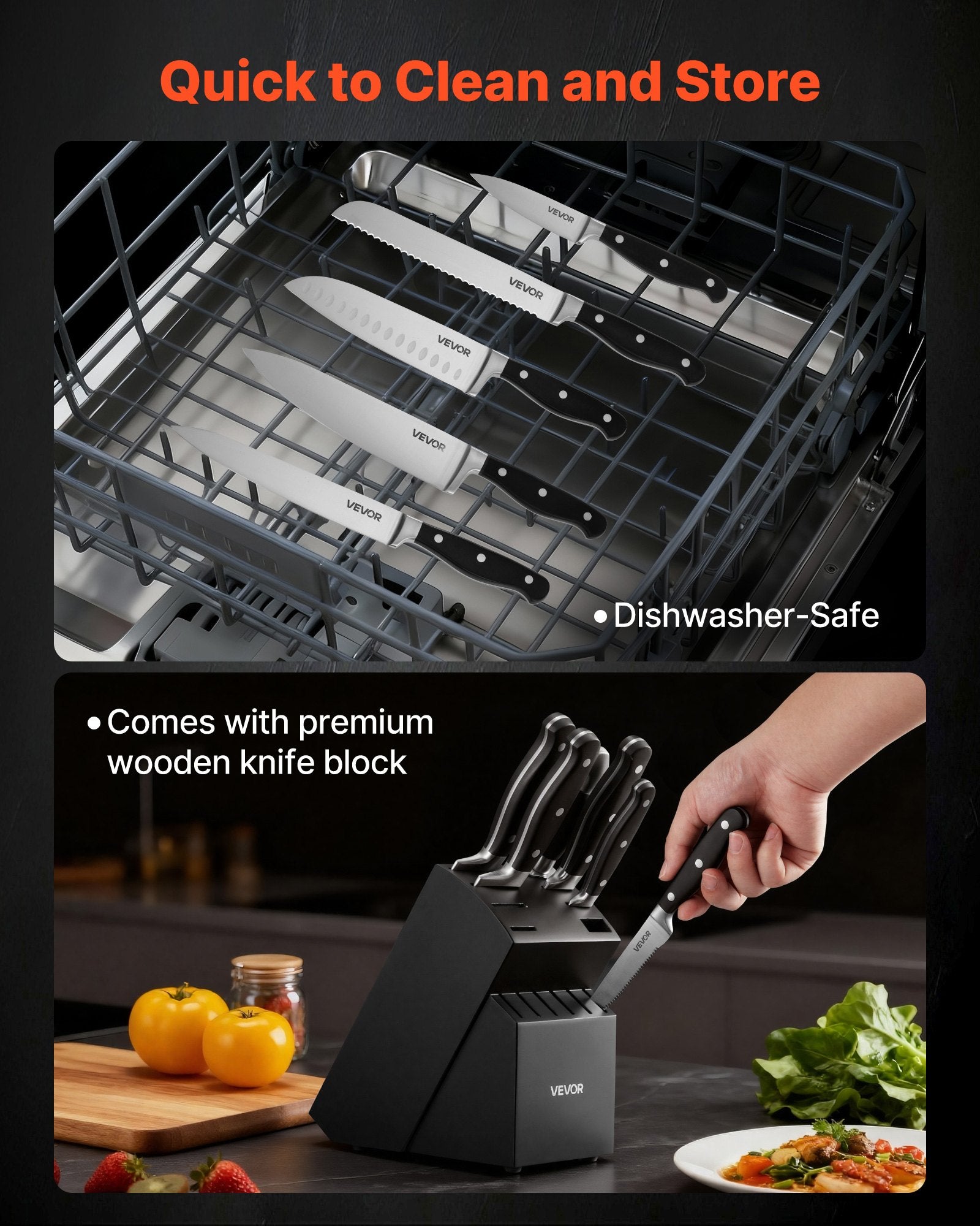 Kitchen Knife Set with Block and Sharpener, 15 Piece High Carbon