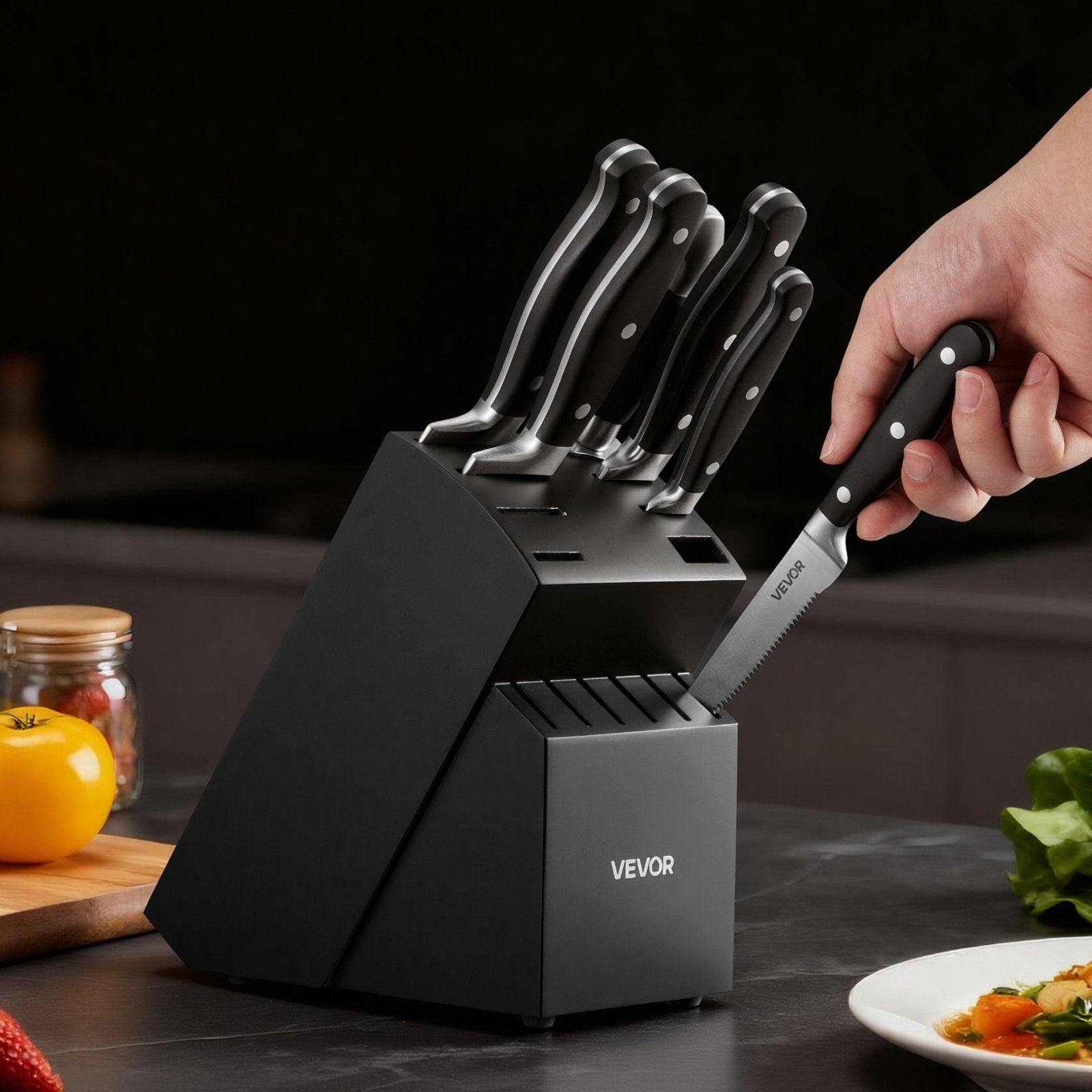 Kitchen Knife Set with Block and Sharpener, 15 Piece High Carbon