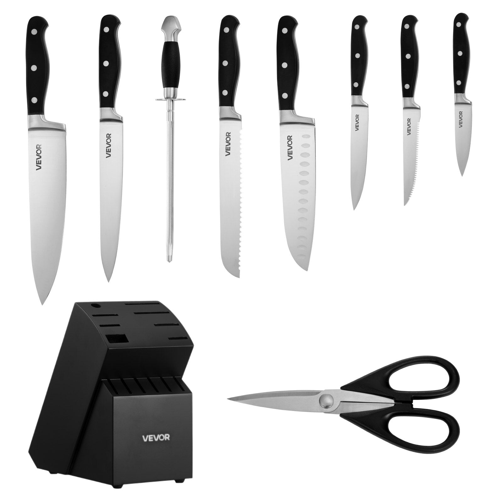 Kitchen Knife Set with Block and Sharpener, 15 Piece High Carbon