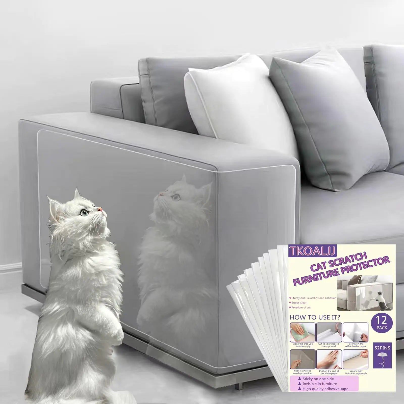 Furniture Cat Scratch Protector - 12 Pcs Clear Self-Adhesive Cat Couch Protectors Furniture Protectors from Cat Scratching Couch Corner Protectors for Cats (with 52 Twist Pins)