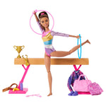 Barbie Careers Playset Gymnastics Set with Brunette Gymnast Fashion Doll C-Clip for Flipping Action Balance Beam Warm-Up Suit & Accessories
