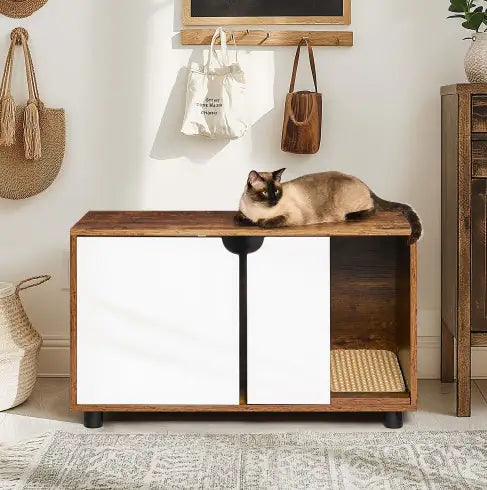 Cat Litter Box Enclosure, Hidden Cat Washroom, Kitty End Table, Furniture Style With Double Doors,White  Vintage