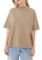 Womens Casual Short Sleeve Mock Neck T Shirts Summer Loose Fit Basic Plain Tee Tops Khaki