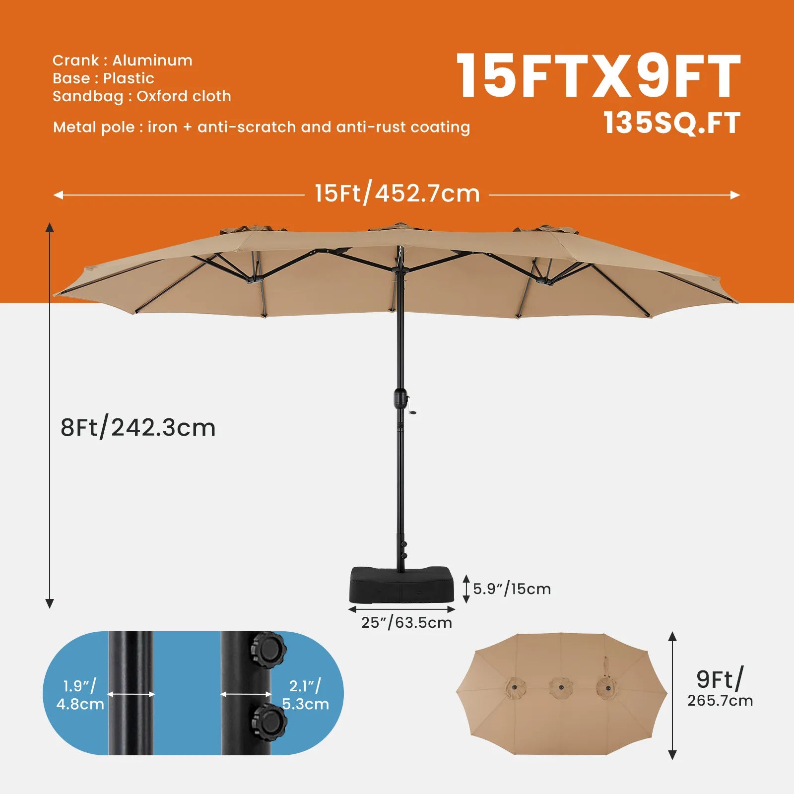 15ft Large Outdoor Patio Umbrella