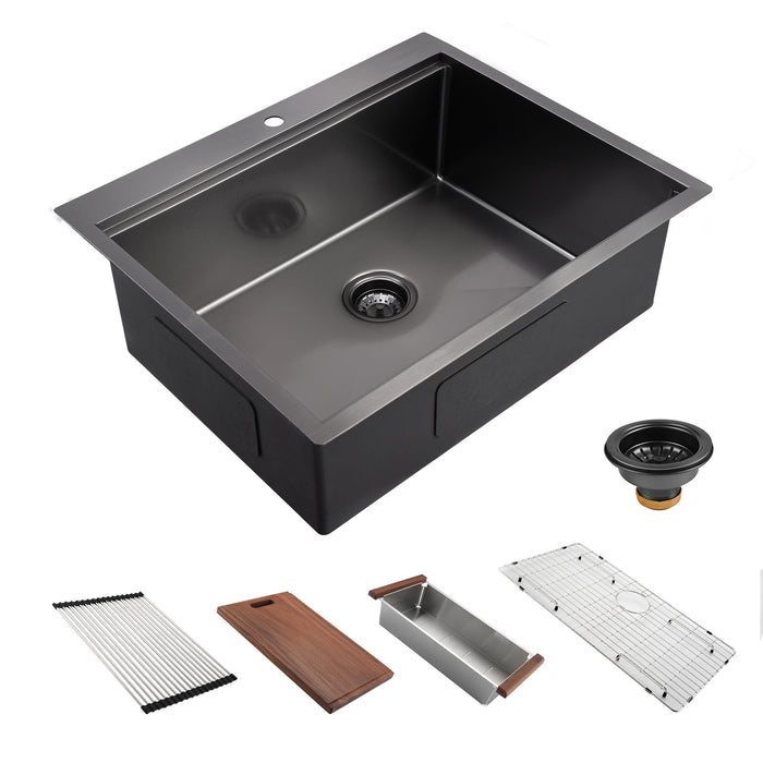 30" x 22" Black Drop In Kitchen Sink, 16 Gauge Stainless Steel Workstation Sink