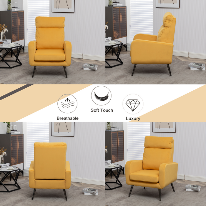 Velvet Accent Chair, Modern Upholstered Accent Living Room Arm Chair with High Wingback, Mid Century Comfy Armchair High Back Rest, Padded Armrest Metal Leg for Bedroom Apartment Office