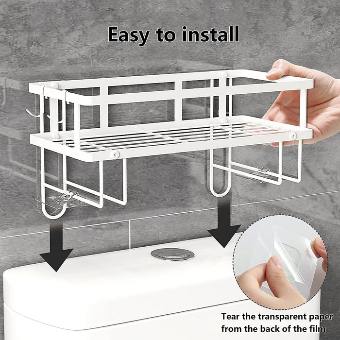 Over The Toilet Storage, Bathroom Organizer Shelves, Multifunctional Toilet Rack with Adhesive Base and Hooks,No Drilling Space Saver with Wall Mounting Design